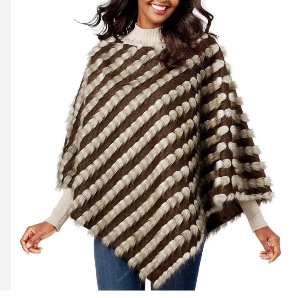 INC FAUX FUR TUFTED BROWN PONCHO WITH TURTLENECK